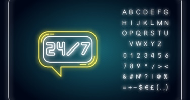 24/7 service neon light icon and English alphabet and punctuation marks